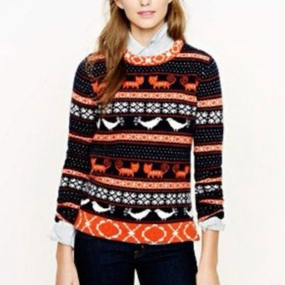 Whimsical J. Crew Black and Orange Fair Isle Crewneck Sweater